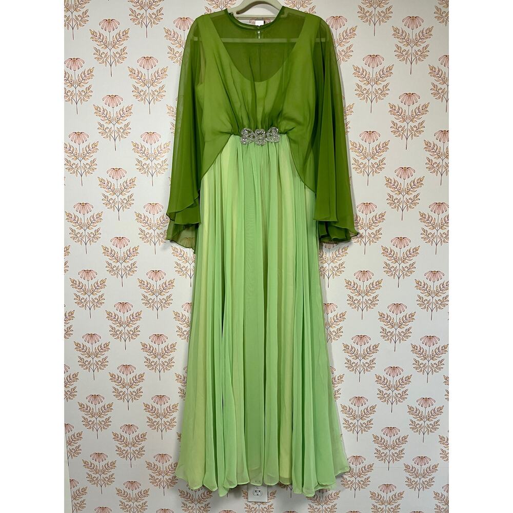 70s Emma Domb Long Chiffon Maxi Dress, Size 12, Chartreuse and Olive Green